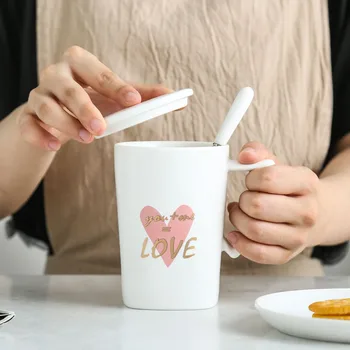 

Nordic Ins Heart Ceramic Cup Creative Couple Coffee Mug with Lid Spoon Large Capacity Household Breakfast Tea Mugs Drinking Cups