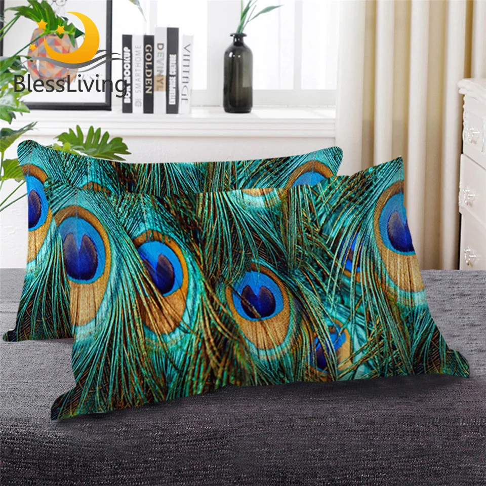 BlessLiving Peacock Feather Sleeping Throw Pillow Fantasy Sparkly Down Alternative Body Aqua Turquoise Bird Bedding 1pc | Дом и сад
