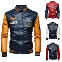 Зимняя мотоциклетная куртка мужская куртка из искусственной кожи Повседневная тонкая Байкерская бейсбольная куртка размера плюс Лоскутная уличная куртка