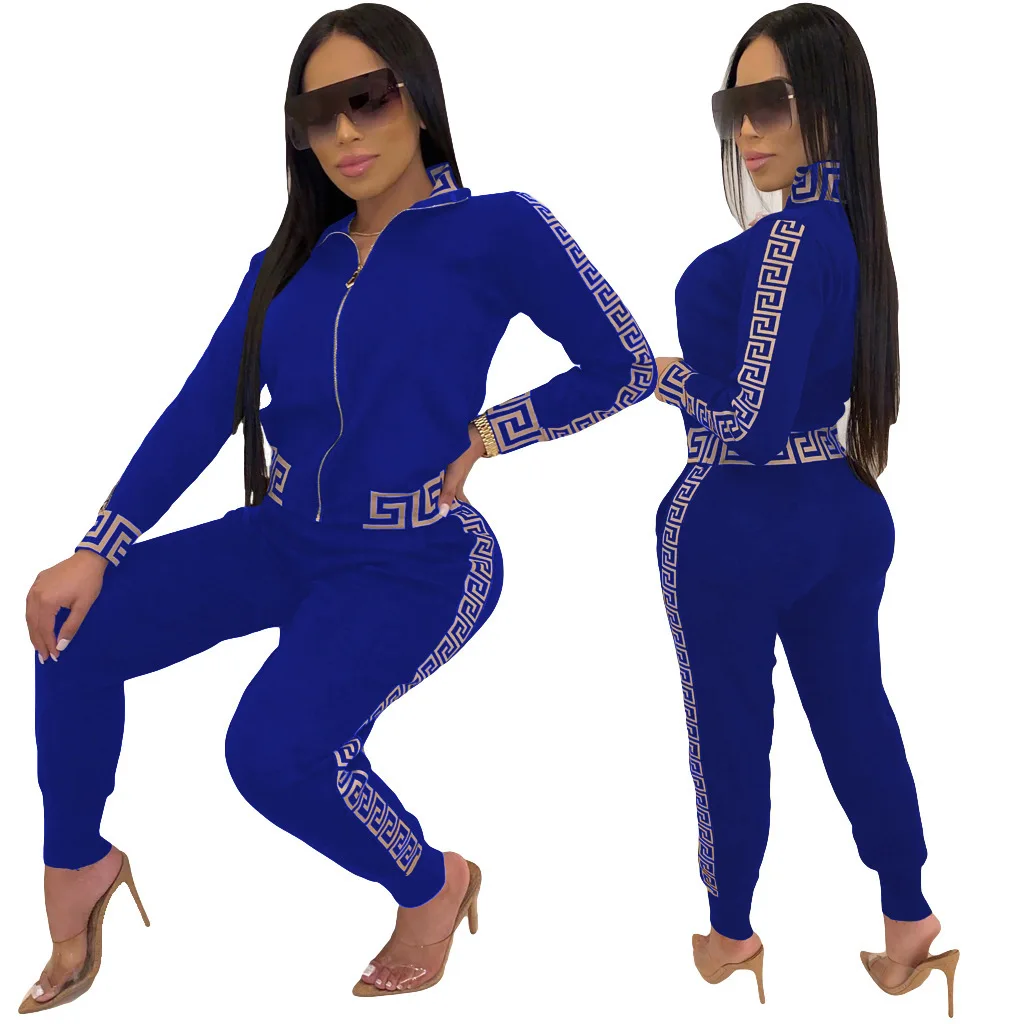 green pant suit 2022 y2k Tracksuit Women Elegant Two -Pieces Suit Sets Female Stylish Plus Size Greek Fret Print Coat & Pant Sets jogging femme pant suits for older ladies