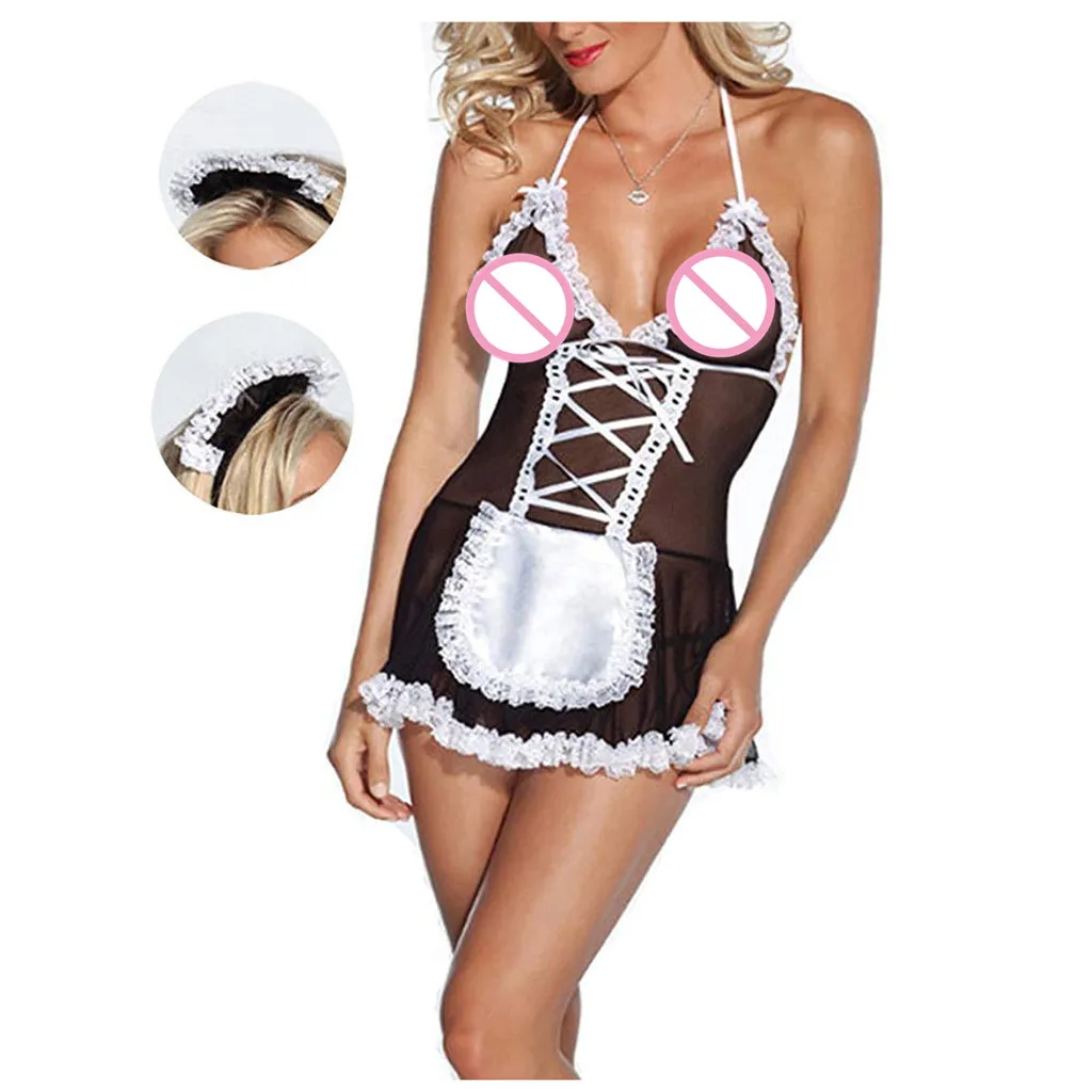 Sexy Naughty Lingerie For Women Maid Dress Uniform Ladies Erotic Waiter Cosplay Costume Outfit Lace Translucent Female | Тематическая