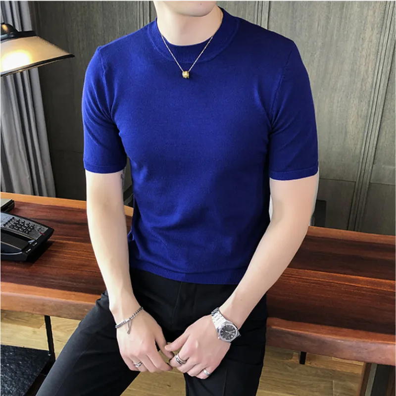 

British Style Clothing Fashion Men Summer Slim Fit Short-Sleeved Knit Sweater/Male Slim Round Collar Leisure Knit Shirt S-3XL