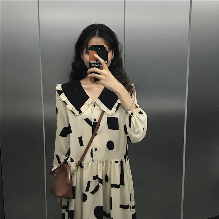 Женские платья японские Harajuku Ulzzang повседневные свободные кукольный воротник платье с принтом женский корейский кавайный милый одежда для женщин