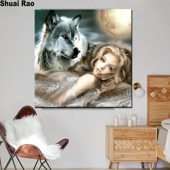 

Full Square round Diamond Painting moon wolf and woman 5d Diamond Embroidery DIY Diamonds Mosaic crystal diamond Hobby Art