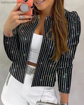 

Women Sequins Striped Open Stitch Coat O Neck Long Sleeve Short Coat