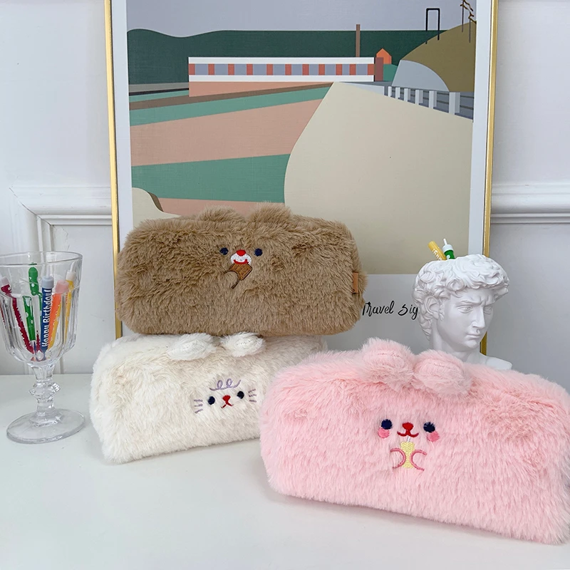 

Ins Plush Cute Rabbit Pure Color Pencil Bag Concise Large Capacity Pencil Pouch Cosmetics Storage Bag School Supplies Stationery