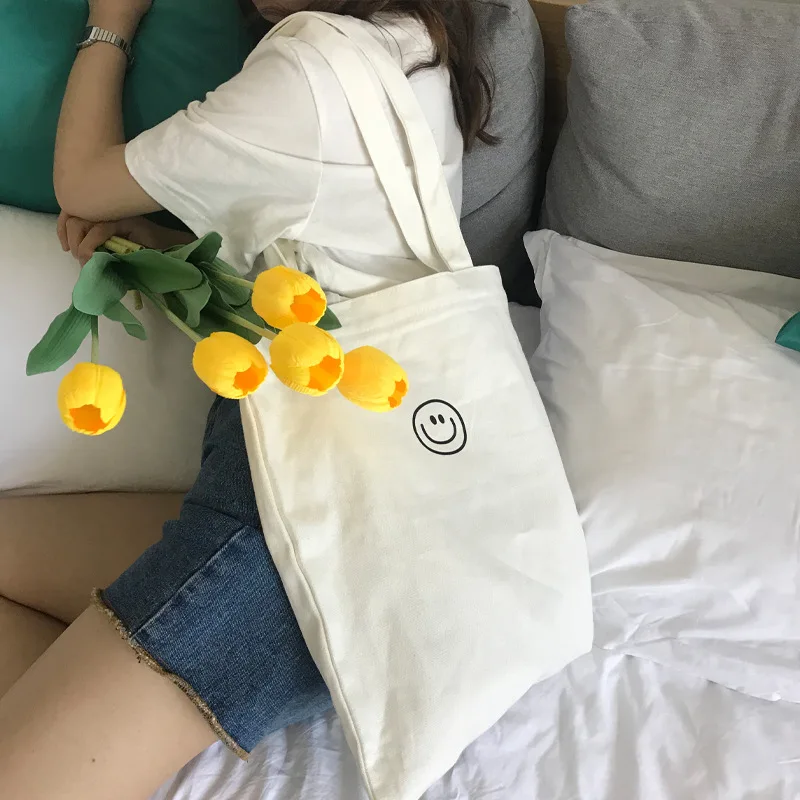 Новая маленькая сумка на одно плечо со смайликом, Парусный холст для колледжа, сумка для покупок
