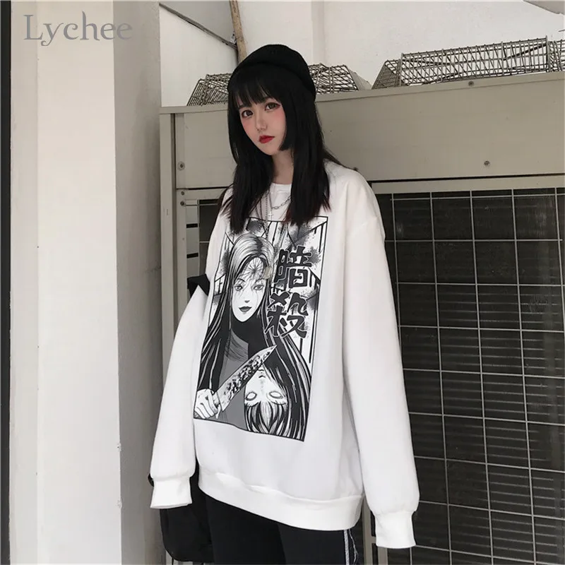 Lychee Harajuku Свободные женские флисовые пуловеры с вырезом лодочкой и темным ножом для девушек Женские флисовые толстовки весенне-осенние женские флисовые Топы
