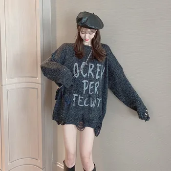 

Korean 2019 New Long Sleeve Thin And Lazy Knitting Top Loose And Ragged Letter Printed Autumn And Winter For Women