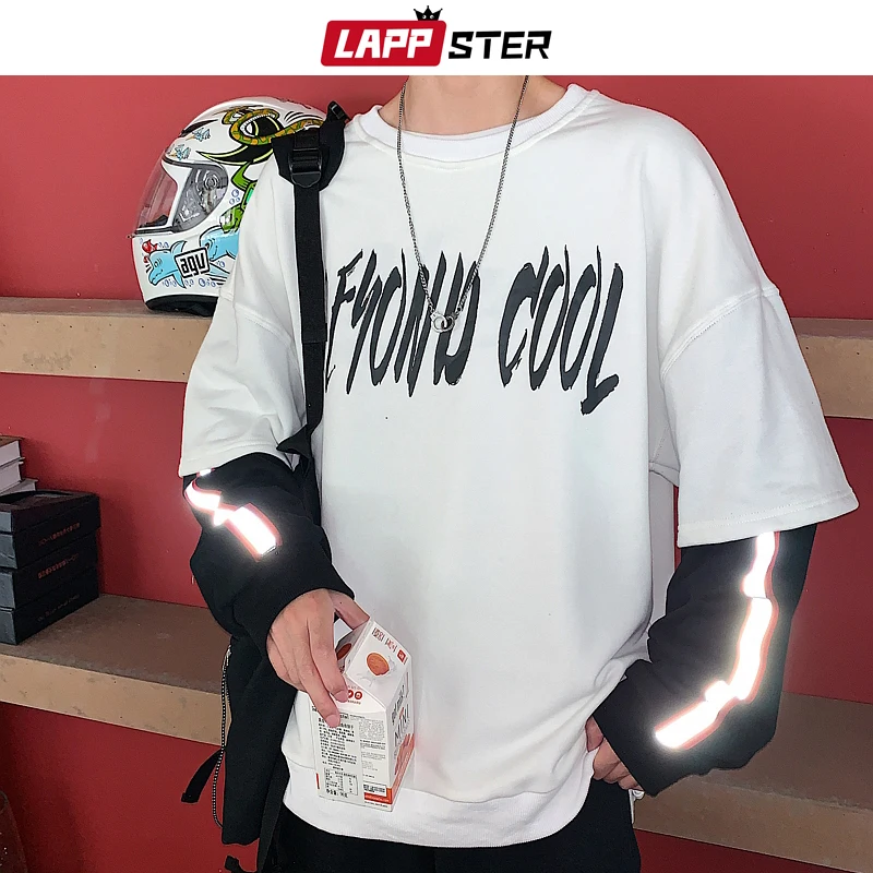 

LAPPSTER Men Reflective Streetwear Hoodies 2019 Hip Hop Fake Two Pieces Sweatshirts Autumn Casual Patchwork Korean Black Hoodies