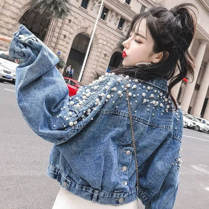 

Fall Women Korea Bf Wind Casual Denim Jacket Solid Decor Pearl Loose Jeans Jacket Pockets Long Sleeve Short Coat