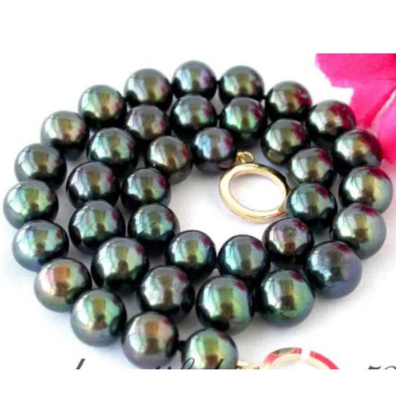 

FREE SHIPPING Tahitian black fw pearl necklace 14KGP jj