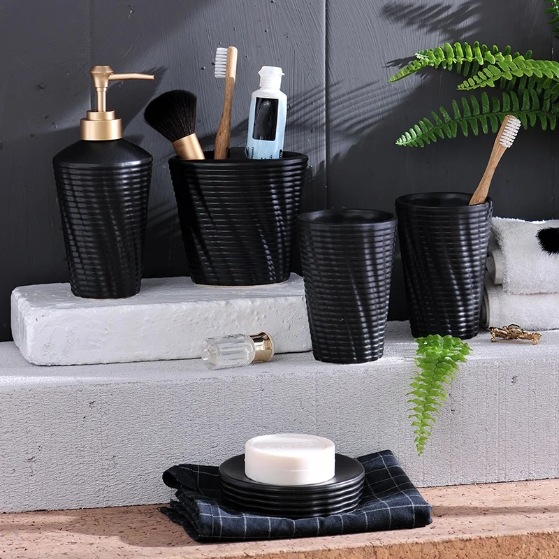 

Nordic Bathroom Black Five-Piece Bathroom Ceramic Wash Set Bathroom Mouth Cup Toothbrush New Wedding Supplies