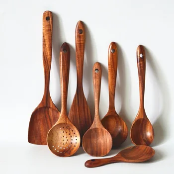 

Acacia Wood Spatula Spoon Cooking Tosl Set (7pcs/lot) Turner Wok Spatula Long Rice Spoon Soup Spoon Kitchen Utensils