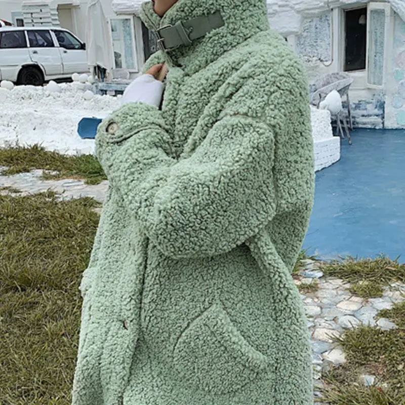 Зимнее длинное пальто из овечьей шерсти, Женское пальто из искусственного меха с отложным воротником, однотонное теплое пальто для девушек, осень, утолщенная теплая верхняя одежда для женщин