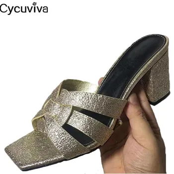 

New Square Toe Chunky Heels Women Slippers Cross Weave Shiny Mules Summer Beach Ladies Shoes Sliver Fashion Party Shoes Woman