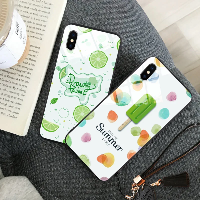 

Case For iPhone 5 6 6s 7 8 Plus X XR XS Max Summer Fruits Tempered Glass Cover Ice Cream Patterned Girls Phone Back Cases