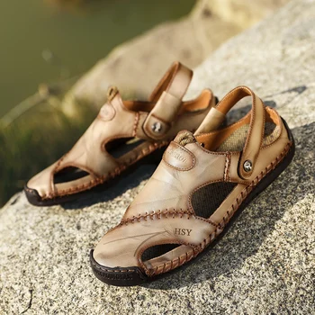 

Leather men outdoor sandals summer soft bottom sports shoes men beach shoes high quality slippers wading shoes large size 38-48