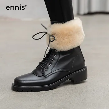 

ENNIS Black Ladies Winter Boots Lace Up Women Leather Snow Boots Ankle Martin Sheep Wool Boots Flat Plush Warm Shoes New A9349