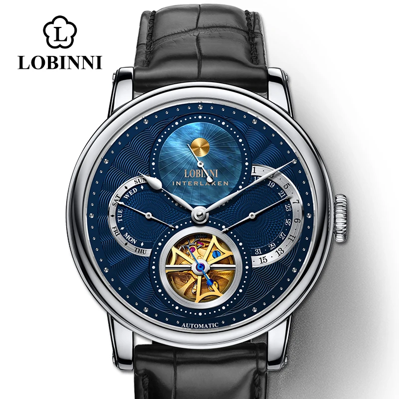 Швейцарские роскошные Брендовые мужские часы, дизайнерские часы с скелетом, Mechan Automat, мужские наручные часы с чайкой, мужские часы с сапфировым кожаным ремешком - Цвет: Silver-Blue-Black