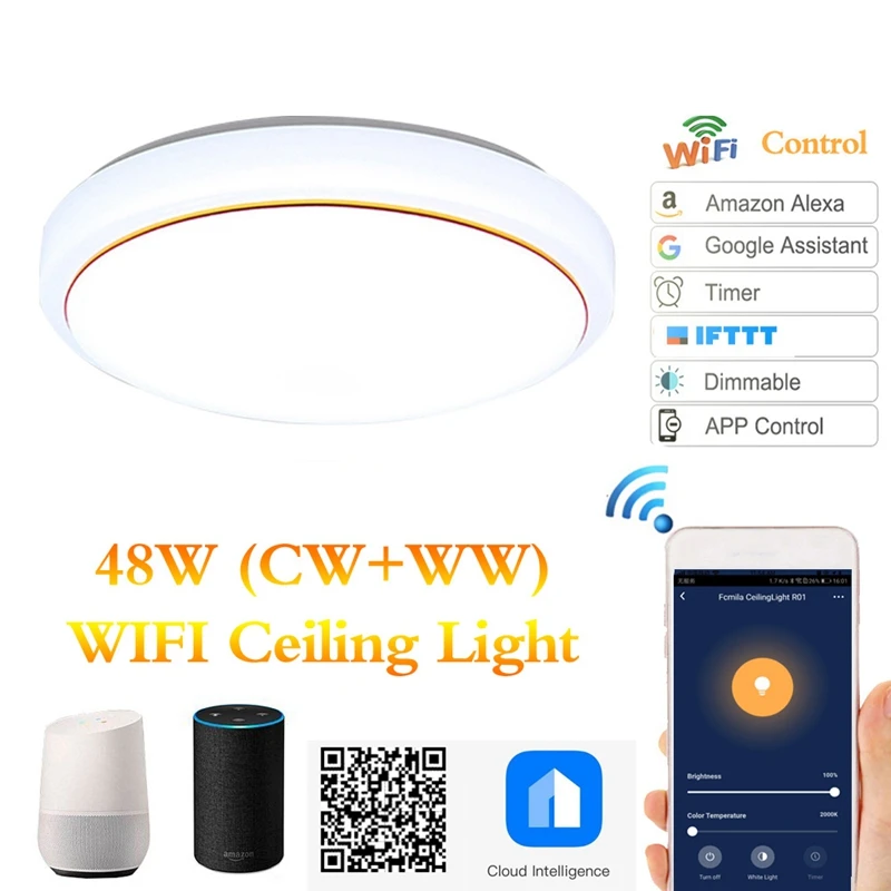 

48W Rgb Ceiling Lamp Bread Light WiFi Smart Voice Control Living Bedroom,for Amazon Alexa for Google Home, AC85-265V