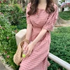 2022 New Summer Women's Dresses Square Collar Plaid High Waist Vintage Casual Fashionable Lace Up Sweet Pink Long Dress DR1965 ► Photo 3/6