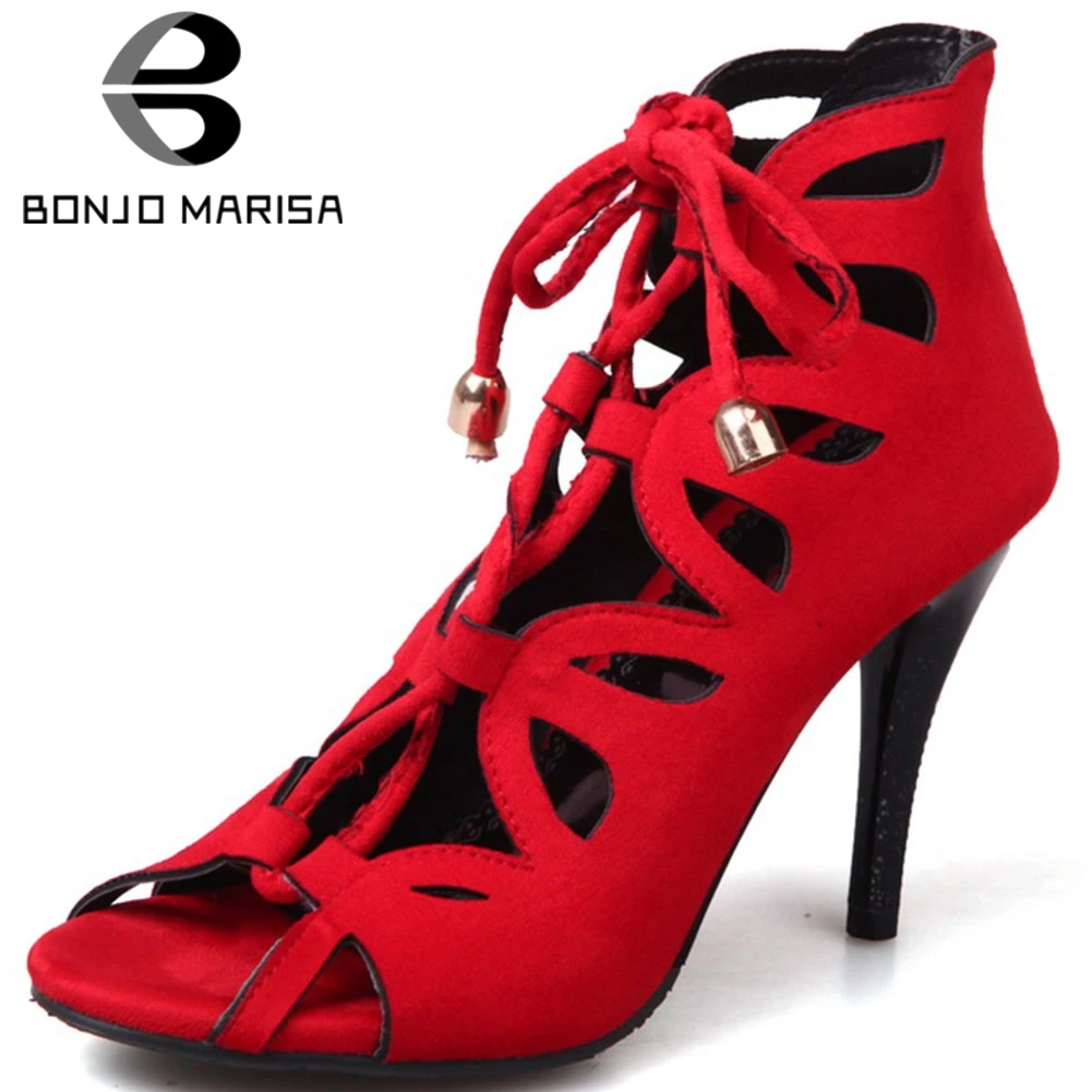 

BONJOMARISA Sexy Lady Summer Sandals Cross Tied Bowtie High Thin Heek Sandals Women Fashion Round Toe Prom Party Shoes Woman
