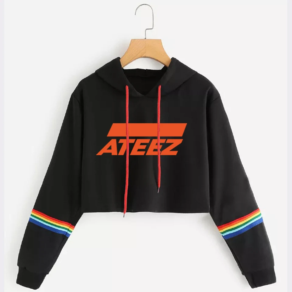 K-pop группа ATEEZ сексуальный укороченный открытый пупок укороченная Толстовка Женский пуловер уличная Подростковая толстовка с именами членов группы