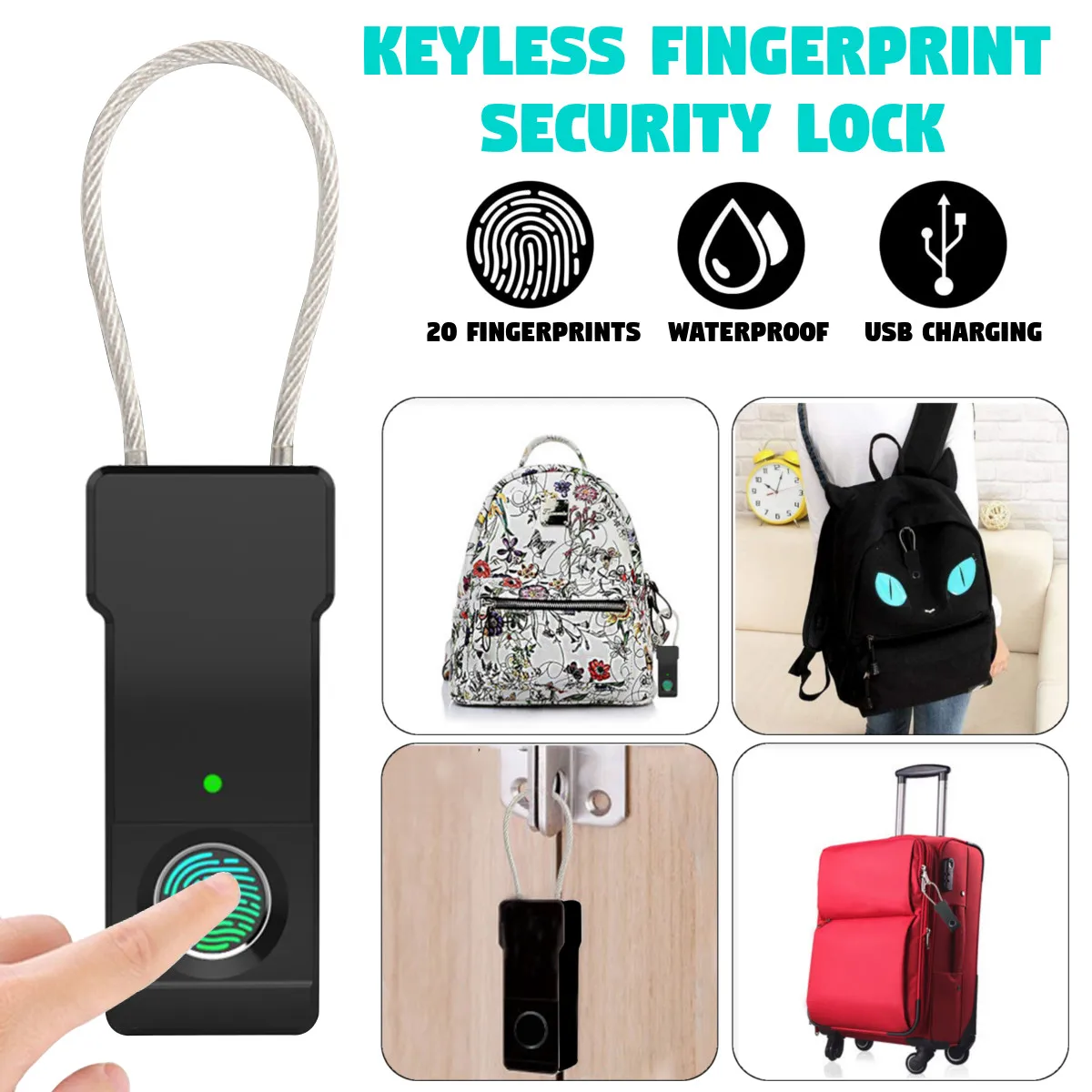 

Smart Keyless Fingerprint Padlock USB Rechargeable Ip65 Waterproof Anti-Theft Security Padlock Door Luggage Case Lock Black