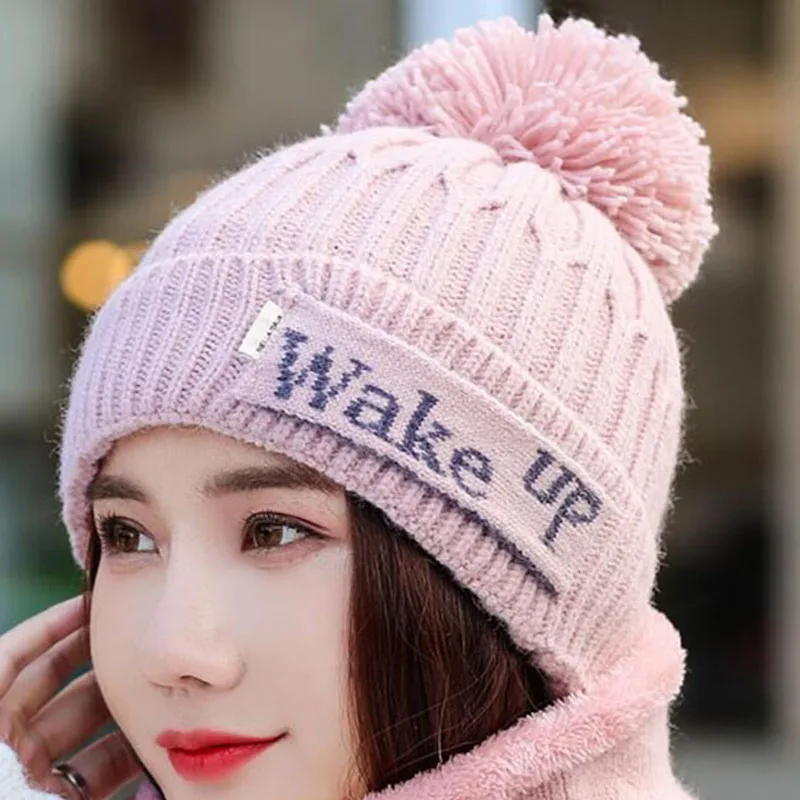 Hat pink Новая брендовая Зимняя Вязаная Шапка-бини, Женская Толстая теплая шапка куполообразная шапка, женские шапки-бини с буквами, уличные наборы для езды на велосипеде, нагрудник - Color: Hat pink