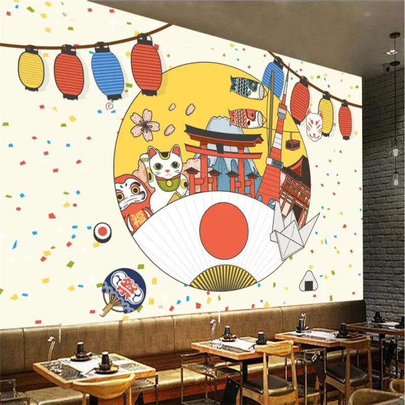 Пользовательские японские Lucky Cat Ukiyo e кухня фон настенная бумага для суши Ramen
