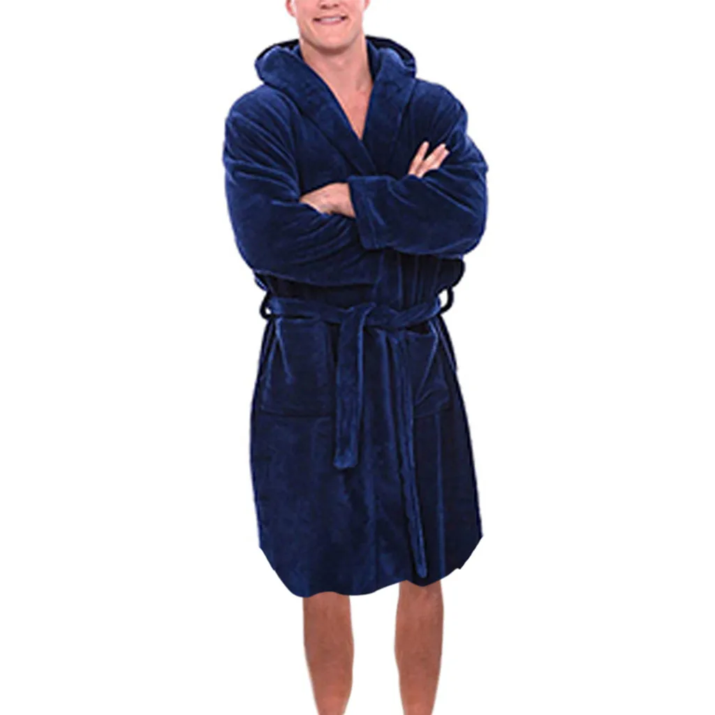 JAYCOSIN, Мужская одежда для сна, мужской повседневный модный халат, фланелевый, длинный рукав, с капюшоном, Мужская плюшевая шаль, кимоно, теплый мужской халат для дома
