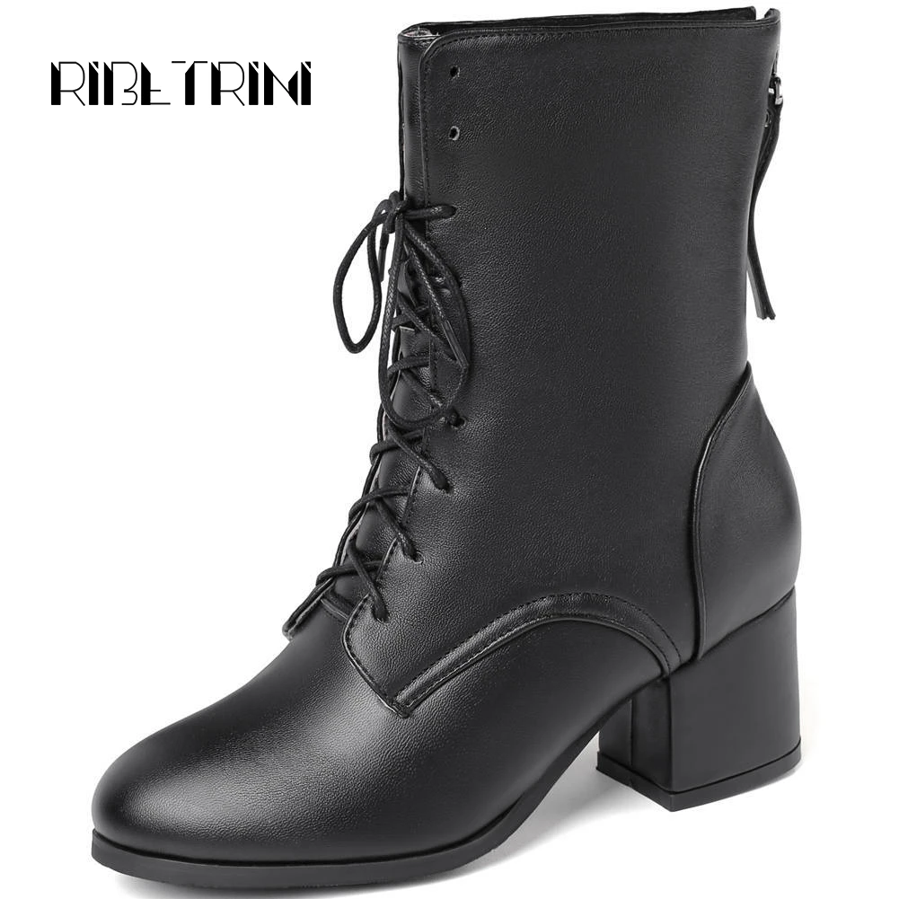 

RIBETRINI Chelsea Boots For Women 2019 Front Lace Up Back Zip Block Heel Shoes Woman Less Platform Chelsea Motorcycle Boots