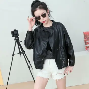 

Fashion Office Lady Women Faux Leather Jacket Solid Slim PU Jackets and Coats Moto Biker Women Overcoat