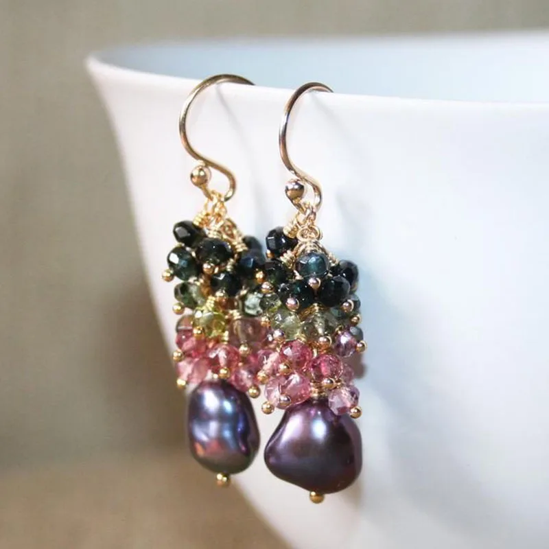 Cluster of mixed color pearls with green amethyst Earrings - Image 5