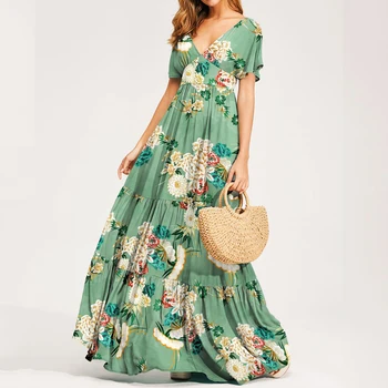 

Summer long Dress Vintage sexy women Holiday print floral boho dress 2020 beach Bohemian V-neck short sleeve vestido maxi Dress