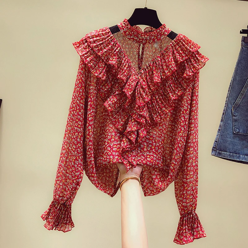 

Small Fragmented Chiffon Jacket Autumn Blouse Womens Long-sleeved Lotus Leaf Edge Trumpet Sleeve Shirts Ladies All-match Tops