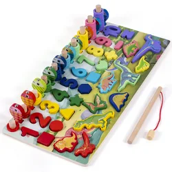 Wooden Montessori Magnetic Puzzle Educational Toy Early Education Shape Color Math Matching Log Board Fishing Puzzle Counting