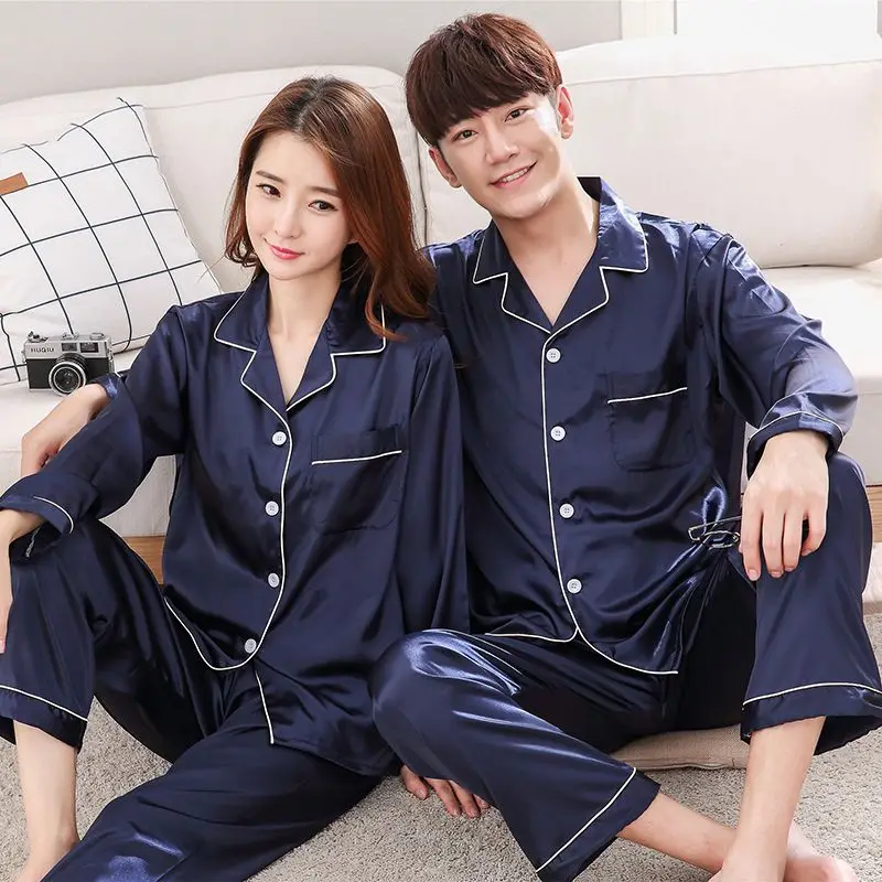 

Couple Ice Silk Pajamas Set Sleepwear Long Sleeve Homewear mujer Turn-down Neck Nightgown Plus Size 3XL