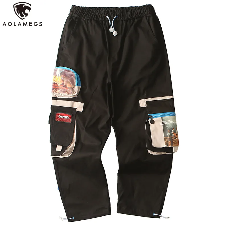 

Aolamegs Sweatpants Painting Printed Pants Men Drawstring Elastic Waist Zipper Pockets Trousers Harajuku Patchwork Streetwear