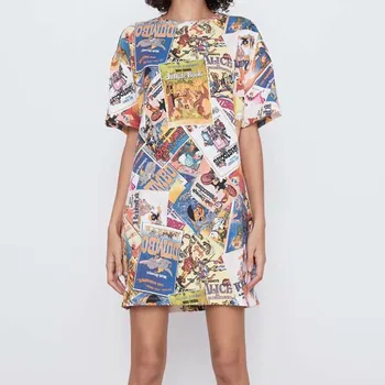 

Fashion ZA Cartoon Dress Women Summer 2020 O-neck Short Sleeve Women Chic Anime Character Print Mini Dresses