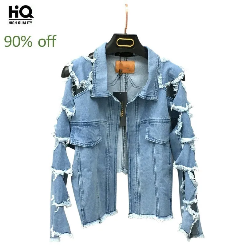 

Korean Personality Star Hollow Out Hole Ripped Womens Denim Jackets Boy Friend Bat Sleeved High Street Female Coats Open Stitch