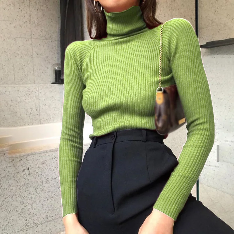 

New Autumn Women Turtleneck Pullovers Sweaters Long Sleeve O-neck Slim Fit Short Korean Tight Sweater