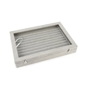 

Velvet 11-row Carrying Case With Transparent Lid Jewelry Display Ring Storage Box Tray Showcase Organizer