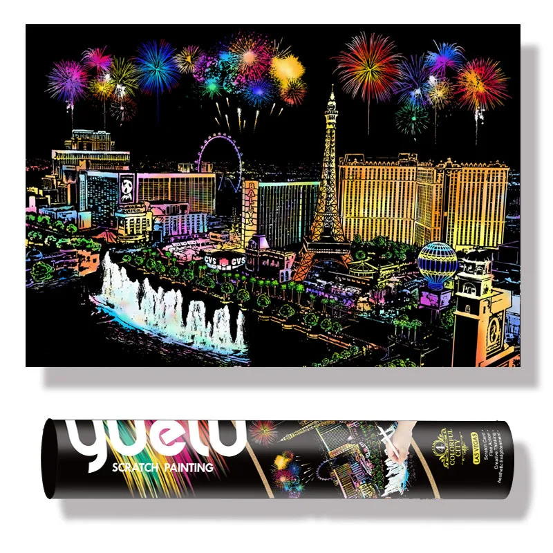 

75x52cm Reel Style Color City Night View Scraping Painting Magic Scratch Art Drawing Paper Adult Decompression Manual Toys Gifts