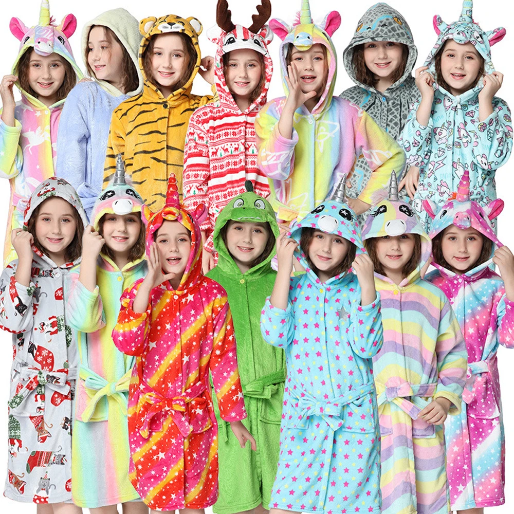 3 6 9 12 Year Winter Bathrobe For Kids Girl Sleepwear Warm Flannel Hooded Unicorn Pajamas Baby Boy Bath Robe Teen Animal Costume cute pajama sets	