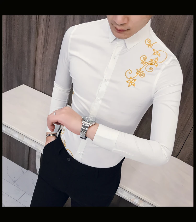 Новая Корейская вышитая рубашка мужская Kemeja Pria Slim Fit рубашка с длинными рукавами Мужская рубашка для выпускного вечера для клуба Camisa Masculina Весна