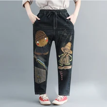 Джинсы с мультяшным принтом женские с вышивкой и эластичным поясом рваные джинсы брюки джинсы джинсовые корейские шаровары пуш-ап винтажные