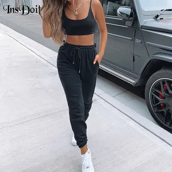 

InsDoit Streetwear Punk Casual Women 2 Pieces Black Set Sexy Thin Shoulder Straps Crop Top and Elastic Waist Harem Sweatpants