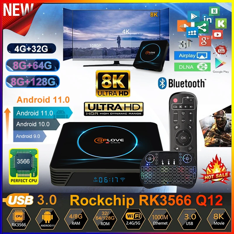 Приставка для Smart Tv 8K RK3566 4 ГБ 8 Ram 32 ГБ/64 Гб/128 Rom Rockchip на базе Android 11 2 4G 5G Wi-Fi BT 0 USB3.0 1000 м